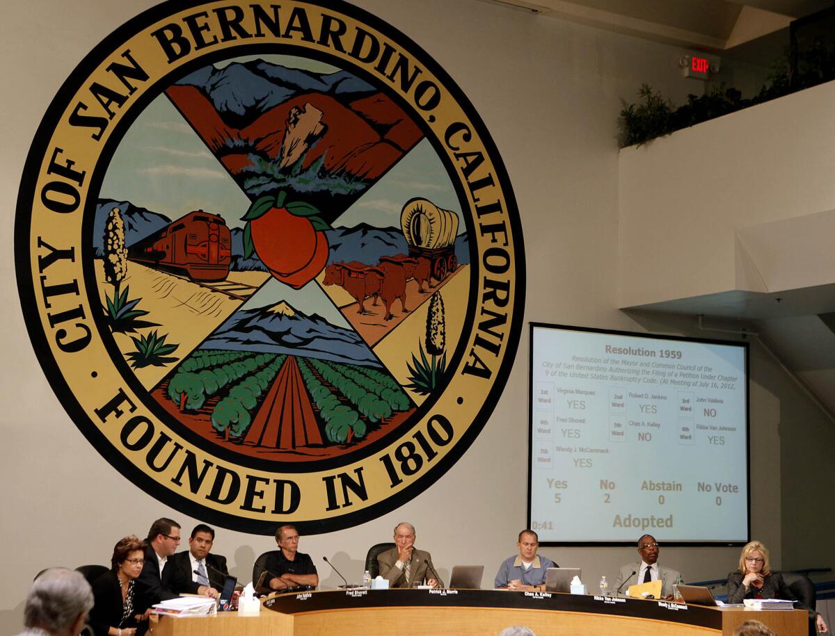 San Bernardino City Council members in July 2012 as they voted to declare their city bankrupt.