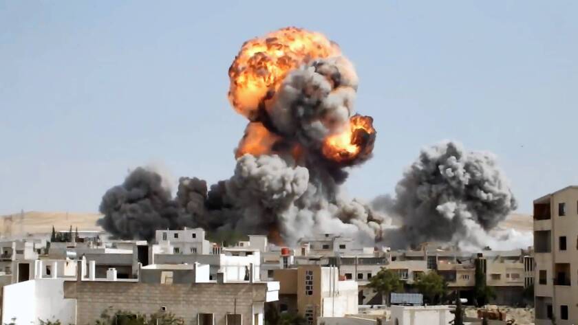 In an image from a Shaam News Network video, an explosion is seen in Yabroud, outside Damascus, the result of a Syrian government airstrike on May 20.