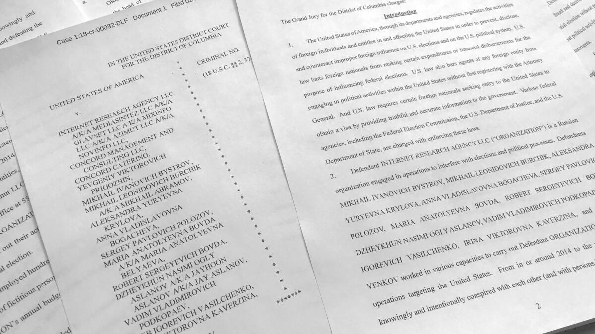 A portion of the Feb. 16, indictment against Russia's Internet Research Agency is photographed in Washington.
