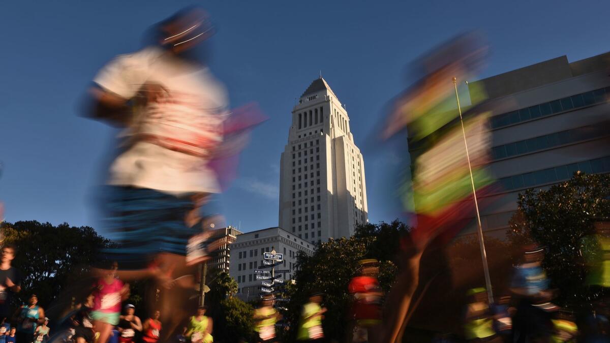 Heading to the finish line at the L.A. Marathon.