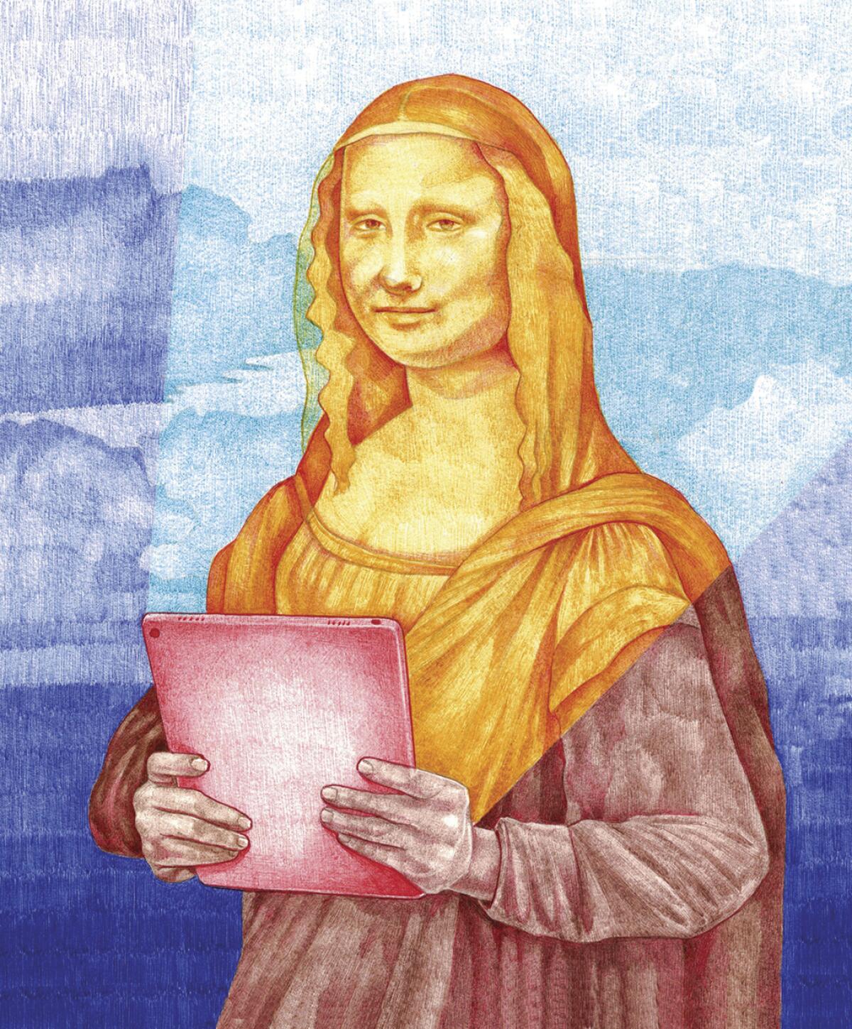 An illustration of the Mona Lisa watching a show on a tablet. But is she laughing or sad?