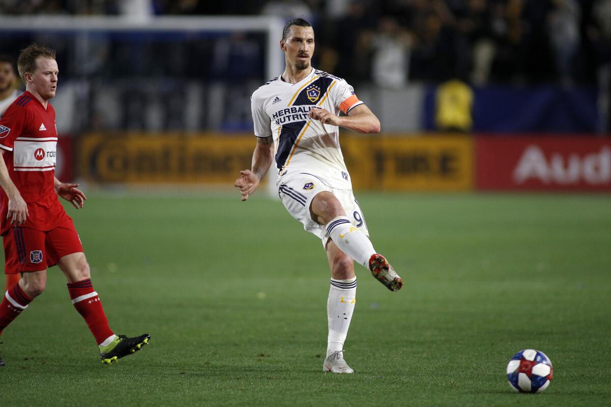 Zlatan Ibrahimovic passes during a game between the Galaxy and the Chicago Fire on March 2 in Carson.