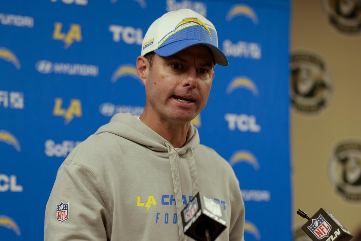 Chargers coach Brandon Staley speaks to reporters after a 23-20 loss to the Green Bay Packers on Sunday.