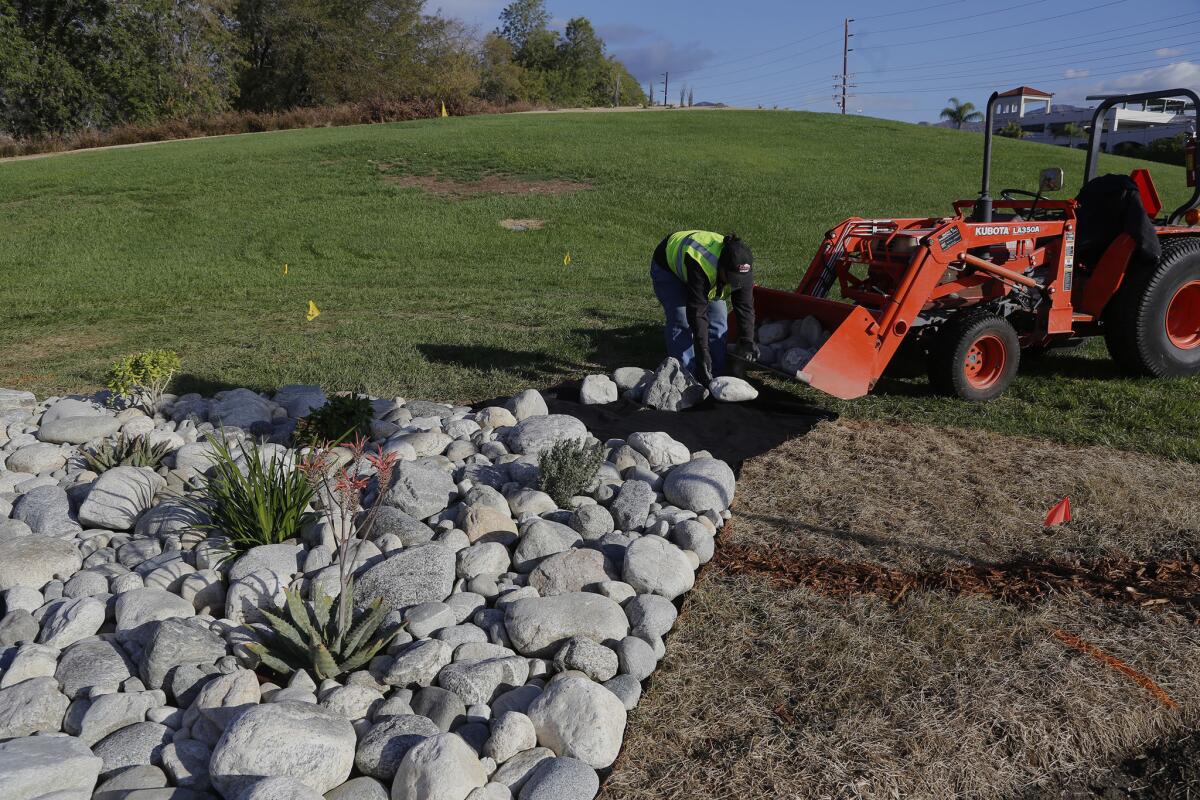 Elisa Padilla builds a river rock planter on the grounds of the Miller Coors Irwindale Brewery in Irwindale in December. The company was removing turf grass and replacing with drought-tolerant plants and in turn getting a rebate from the Metropolitan Water District.