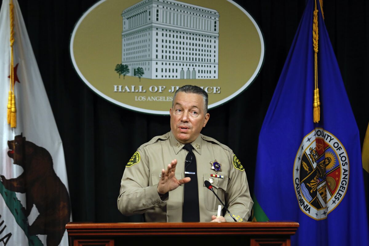 Los Angeles County Sheriff Alex Villanueva speaks at a news conference