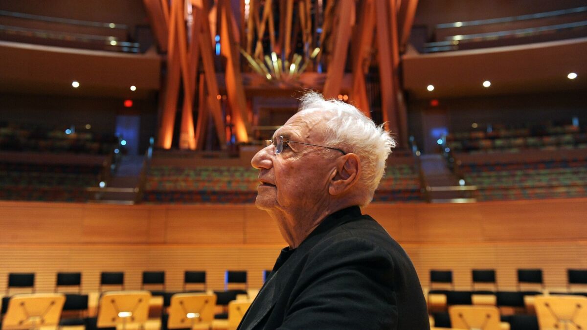Frank Gehry inside the downtown marvel he designed.
