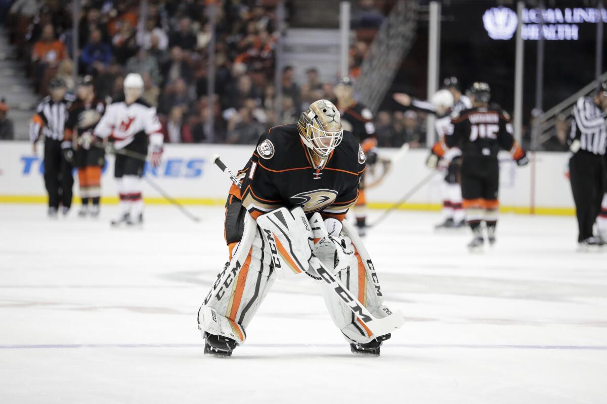 Ducks goalie Jonathan Bernier skates during the first period of a game against the New Jersey Devils on Nov. 17.