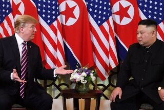 US President Donald Trump (L) speaks with North Korea's leader Kim Jong Un during a meeting at the Sofitel Legend Metropole hotel in Hanoi on February 27, 2019. (Photo by Saul LOEB / AFP)SAUL LOEB/AFP/Getty Images ** OUTS - ELSENT, FPG, CM - OUTS * NM, PH, VA if sourced by CT, LA or MoD **