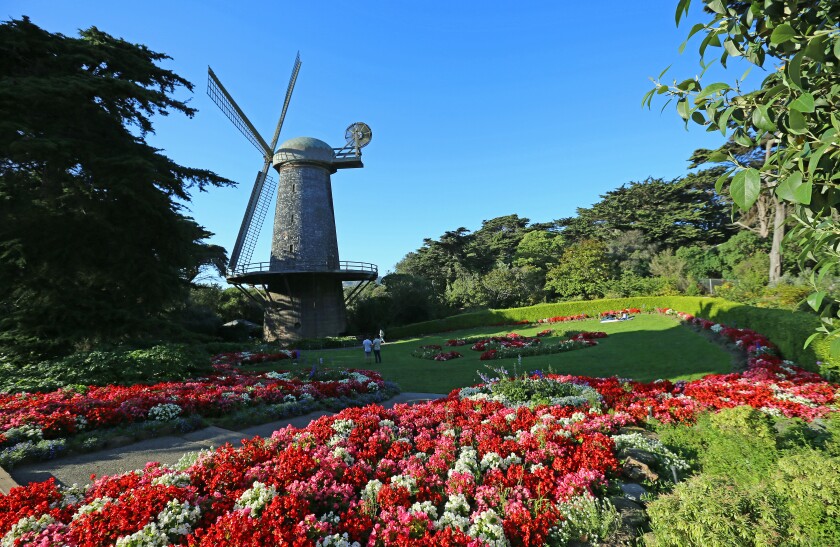 A windmill is seen near colorful flowers in the Queen Wilhelmina Tulip Garden.