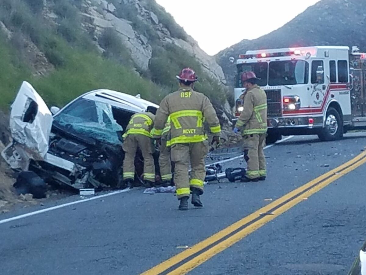 One person in the sedan died in a collision on Harmony Grove Road Friday morning. Firefighters tended to three other people who were injured. The CHP had the road blocked for several hours.