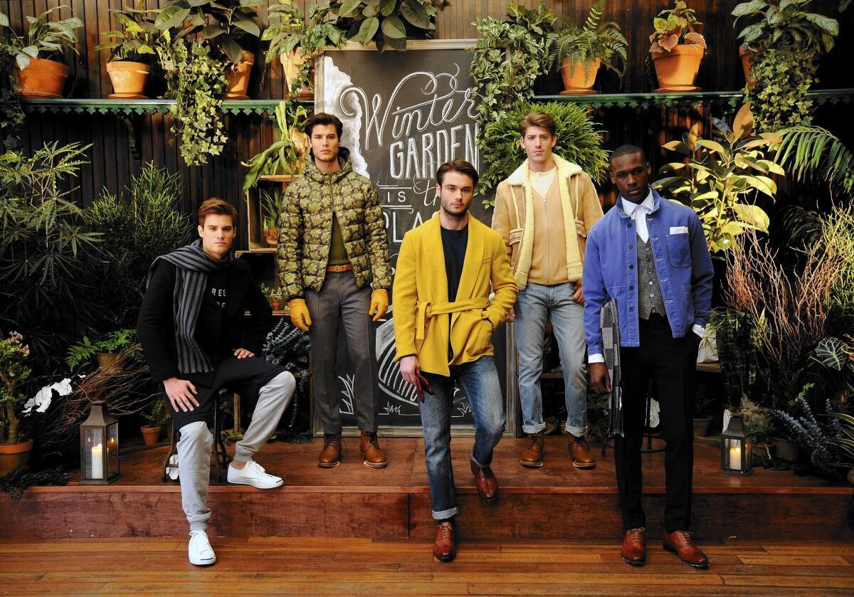Gant Rugger's New York Fashion Week presentation included some sweats -- a growing trend in upscale menswear -- as seen on the model on the far left.