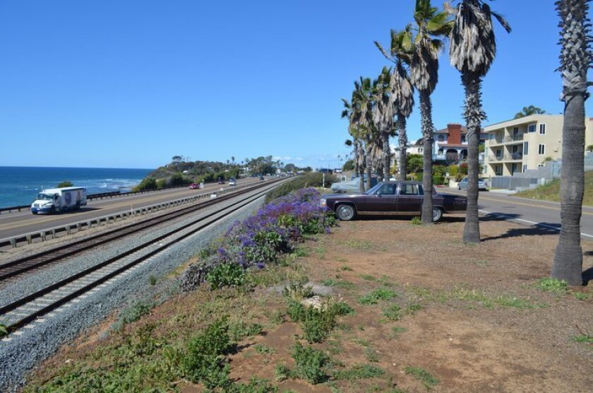 This stretch of San Elijo Avenue could be too narrow for the coastal rail trail, according to planning officials. They’ve looked at putting the path on Coast Highway 101 from Chesterfield Drive to E Street.