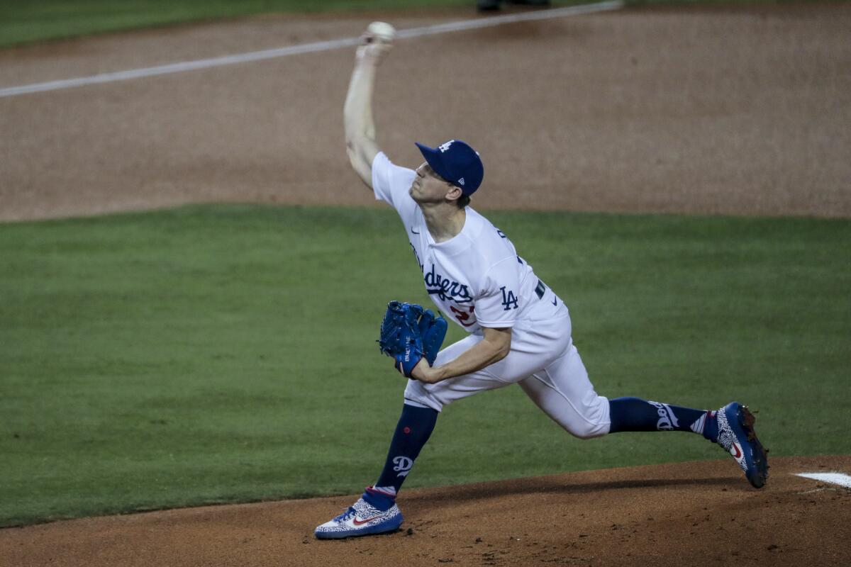 Dodgers starter Walker Buehler pitches in Game 1 of the wild-card series against the Brewers in 2020.