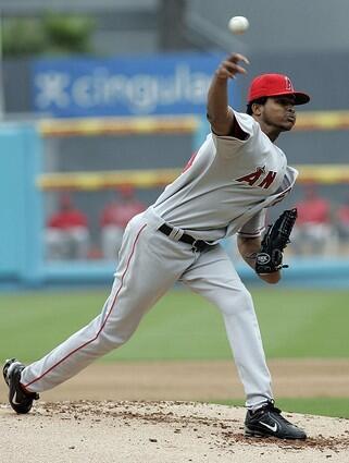 Angels' Ervin Santana pitches against the Los Angeles Dodgers during the first inning.