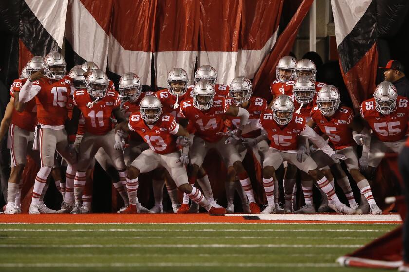 Utah players take the field before the start of their NCAA college football game against UCLA Saturday, Nov. 16, 2019, in Salt Lake City. (AP Photo/Rick Bowmer)