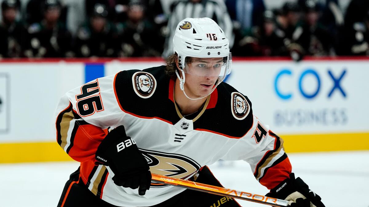 Ducks center Trevor Zegras skates to the puck against the Arizona Coyotes in a preseason game on Oct. 2.