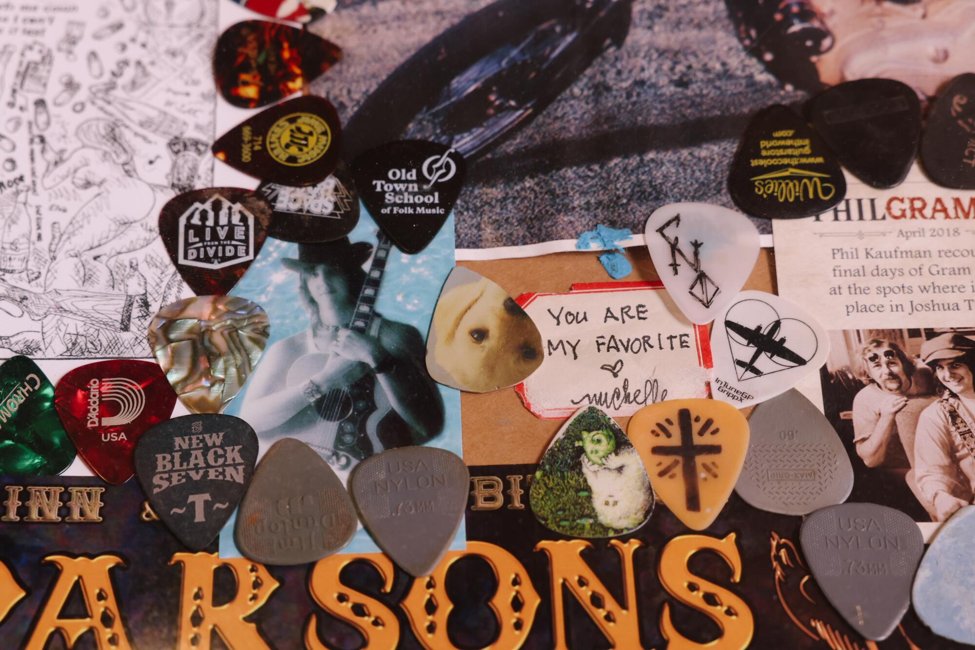 Guitar picks left behind by guests staying in Room 8 at  Joshua Tree Inn.