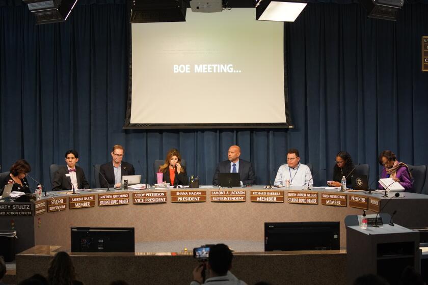 San Diego, California - March 05: San Diego Unified School Board meeting. The board discussing reductions, which will result in some staff receiving layoff notices in University Heights on Tuesday, March 5, 2024 in San Diego, California. (Alejandro Tamayo / The San Diego Union-Tribune)