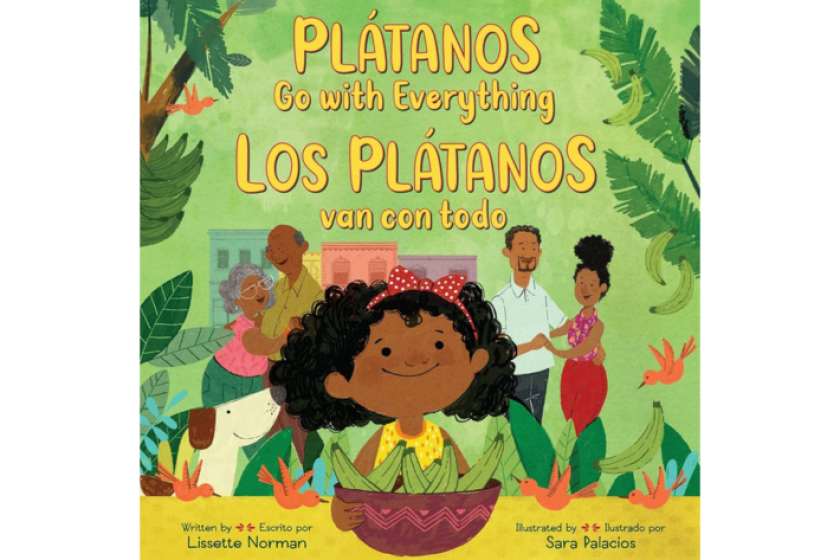 The cover shows a young girl smiling with her parents and grandparents behind her, with plantains in her hands.