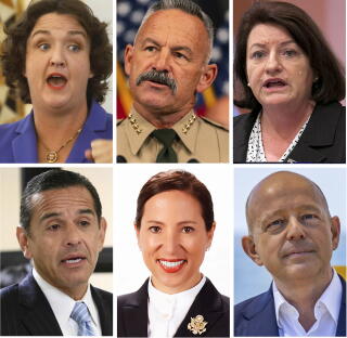 Top, L-R: Katie Porter; Chad Bianco; Toni Atkins; Bottom, L-R: Antonio Villaraigosa; Eleni Kounalakis; Steve Hilton