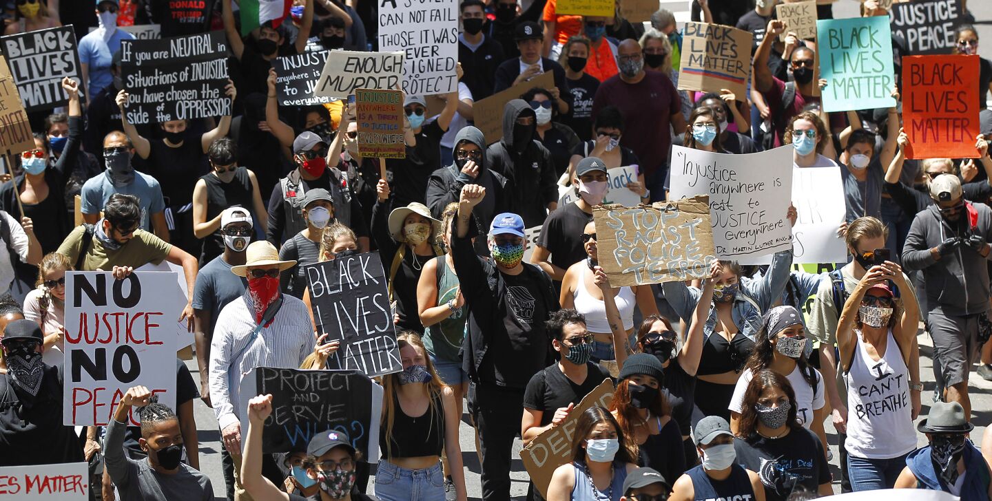 A group was protesting the death of George Floyd peacefully in downtown San Diego on May 31, 2020.