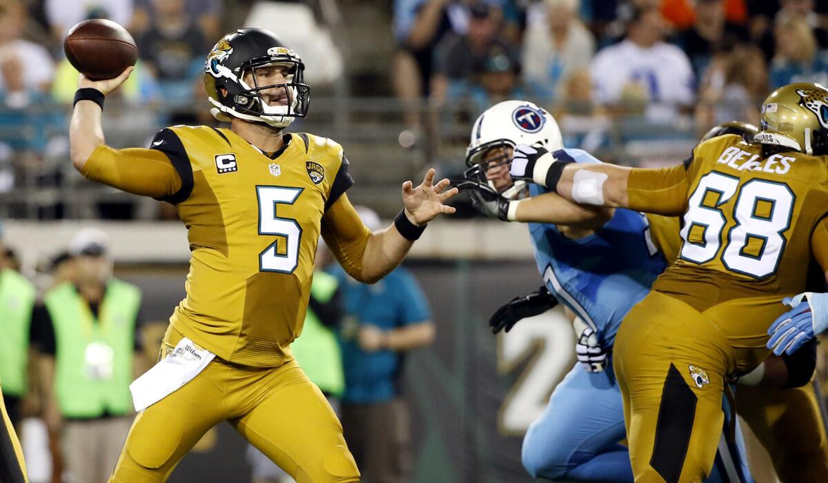 Jacksonville Jaguars quarterback Blake Bortles throws a pass against the Tennessee Titans during the first quarter on Thursday.