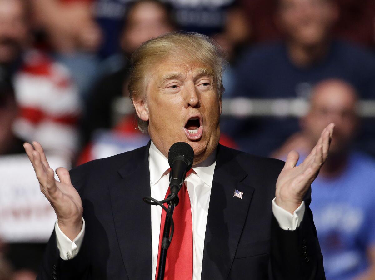 Republican presidential candidate Donald Trump speaks during a campaign stop at the Allen County War Memorial Coliseum, Sunday, May 1, 2016, in Fort Wayne, Ind.