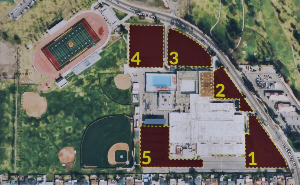 A site map indicates five possible locations for a new performing arts complex at Estancia High.