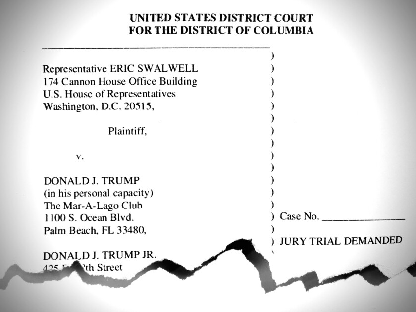 Part of the title page of Rep. Eric Swalwell (D-Dublin)'s lawsuit against former President Trump