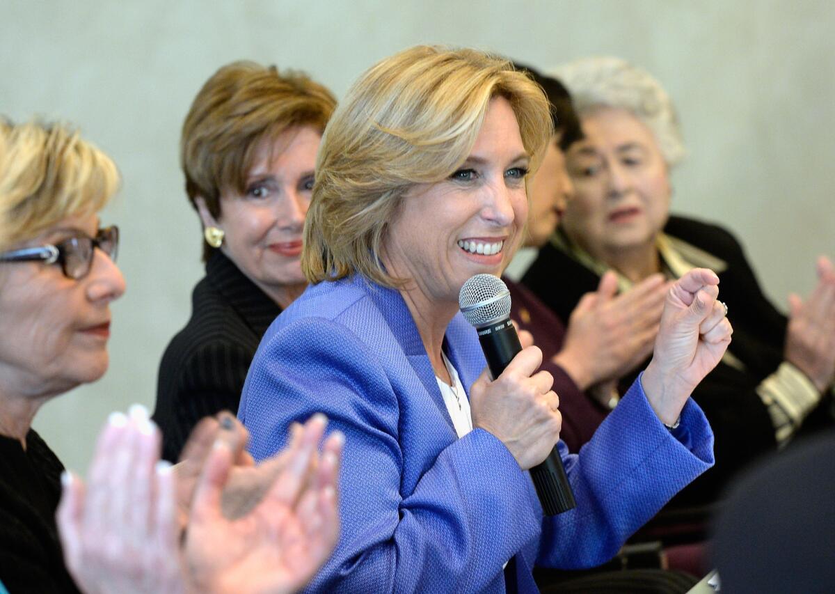 Los Angeles mayoral candidate Wendy Greuel, center, receives endorsements from U.S. Sen. Barbara Boxer (D-Calif.), left, and House Democratic leader Nancy Pelosi.