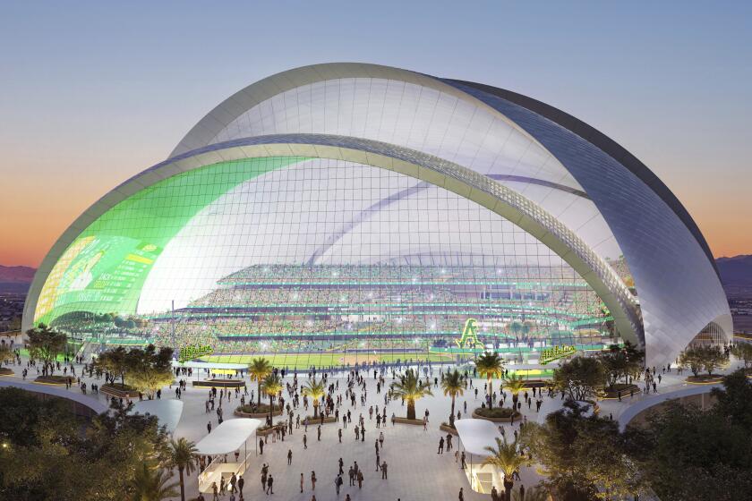 ARCHIVO - Esta imagen generada por computadora muestra el diseño del futuro parque de los Atléticos en Las Vegas (Negativ via AP, archivo)
