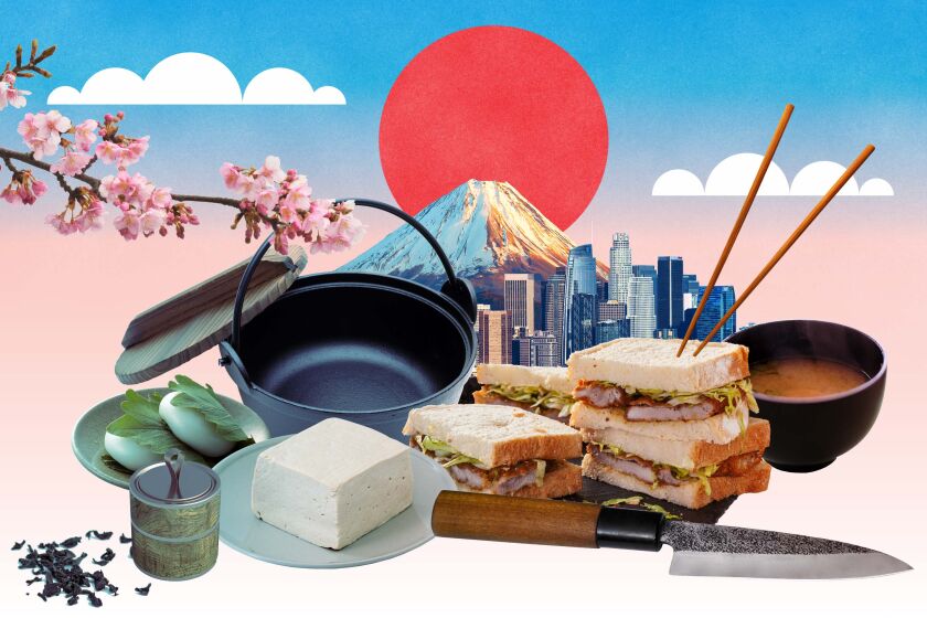 A collection of Japanese foods and home goods collaged together with Mount Fuji in the background and cherry blossoms in the foreground.