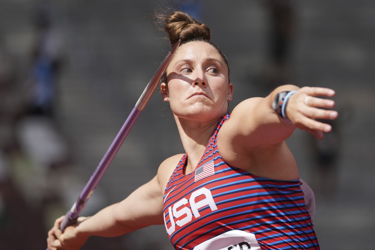 U.S. javelin thrower Kara Winger competes at the Tokyo Olympics on Tuesday.