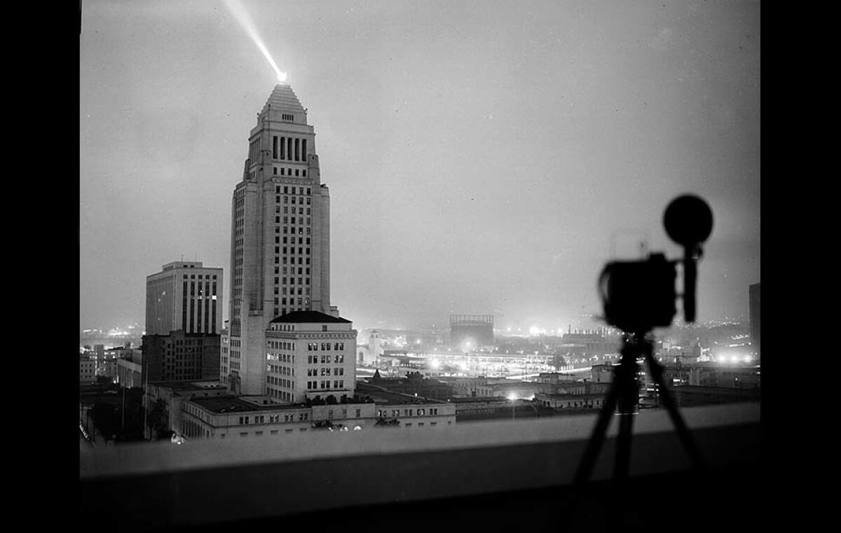 Los Angeles City Hall and the brightened sky