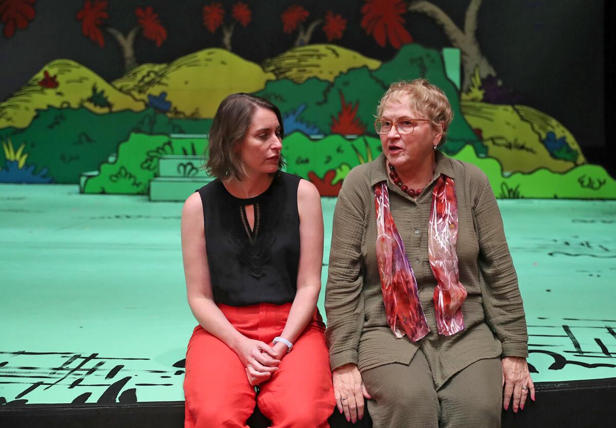 Suzanne Appel and Paula Tomei on the stage of "Seussical the Musical" at South Coast Repertory in Costa Mesa August 8, 2024.