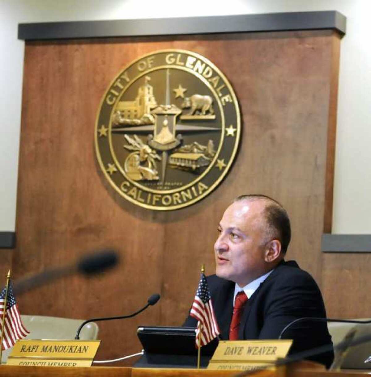 Newly elected city treasurer Rafi Manoukian, speaking before the swearing ceremony at the Glendale City Hall on April 15.