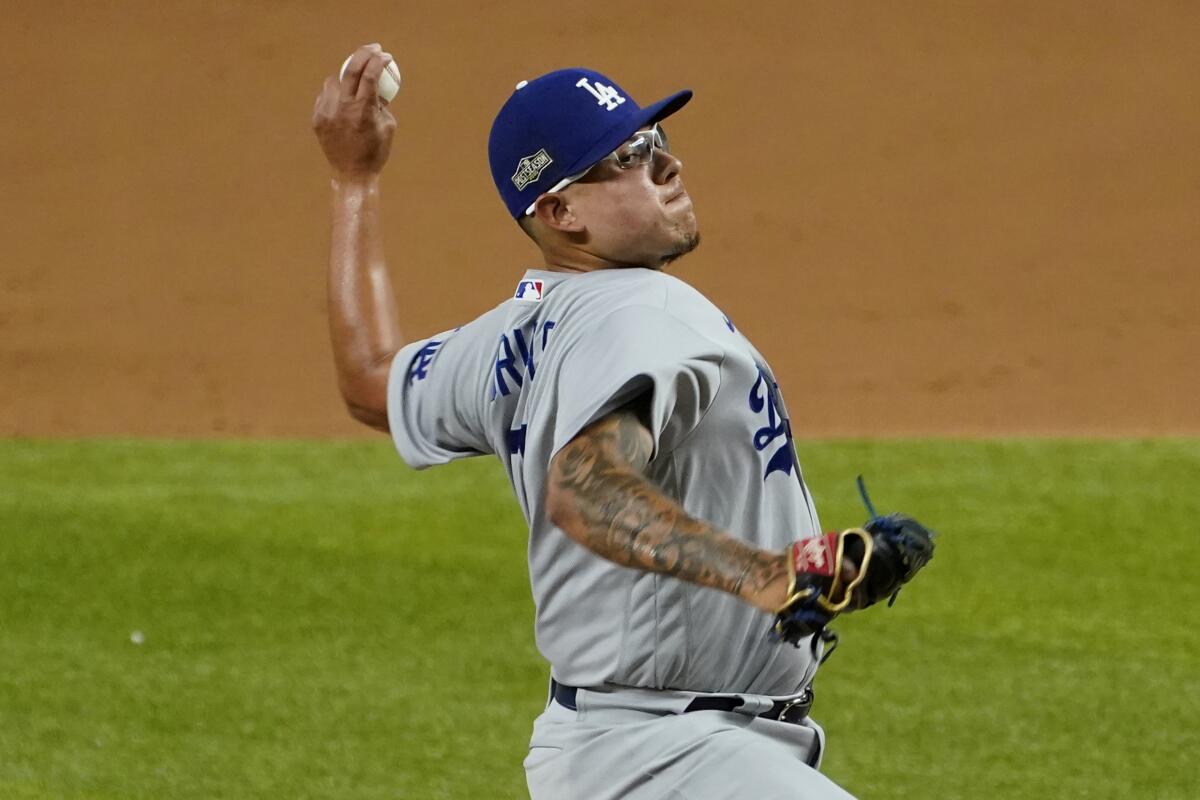 Dodgers pitcher Julio Urias delivers to the San Diego Padres during the second inning in Game 3 of the NLDS on Thursday.