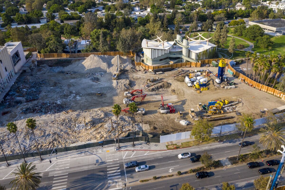 An aerial view of demolition at LACMA shows an empty site with Bruce Goff's Japanese pavilion in one corner