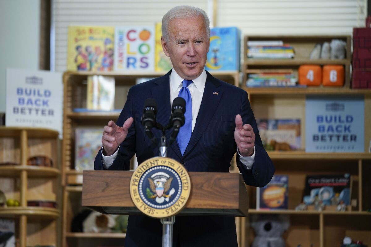 FILE - In this Friday, Oct. 15, 2021, file photo President Joe Biden delivers remarks to promote his "Build Back Better" agenda, at the Capitol Child Development Center in Hartford, Conn. (AP Photo/Evan Vucci)