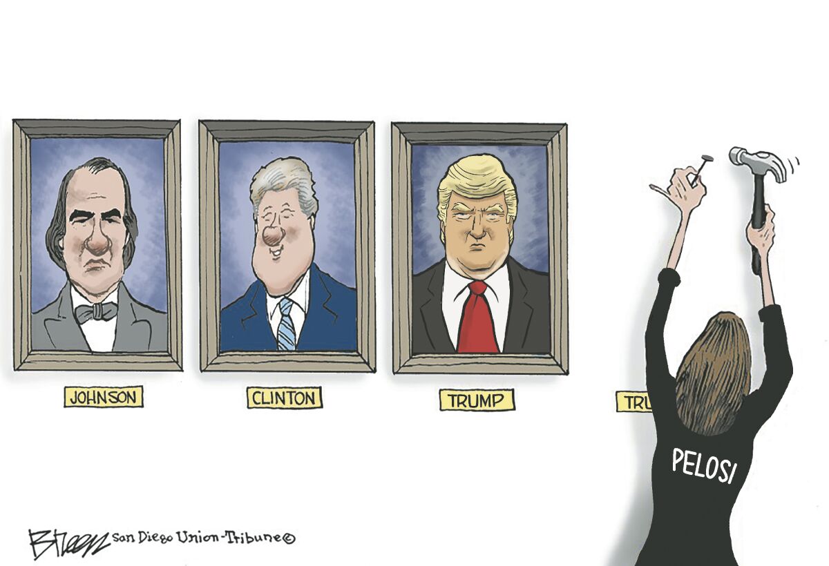 In this Breen cartoon, Nancy Pelosi goes to hang a second portrait of Trump in the Presidential Impeachment Gallery