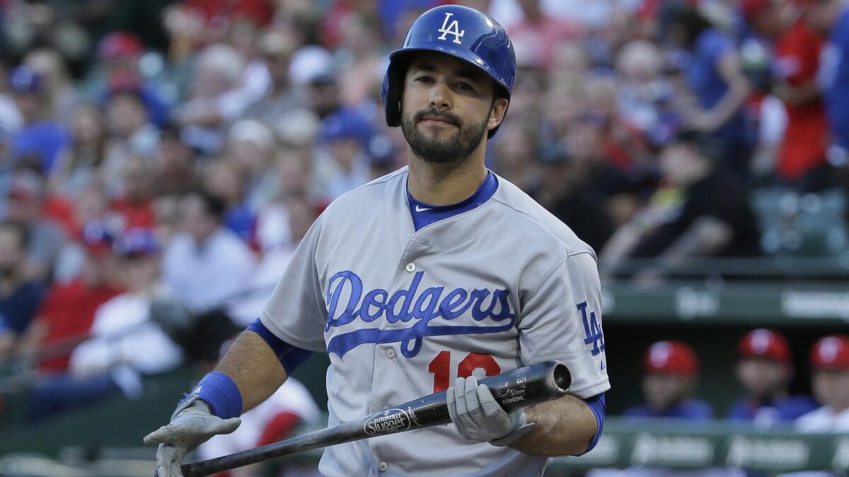 Dodgers outfielder Andre Ethier reacts after striking out during a game against the Texas Rangers on June 15.
