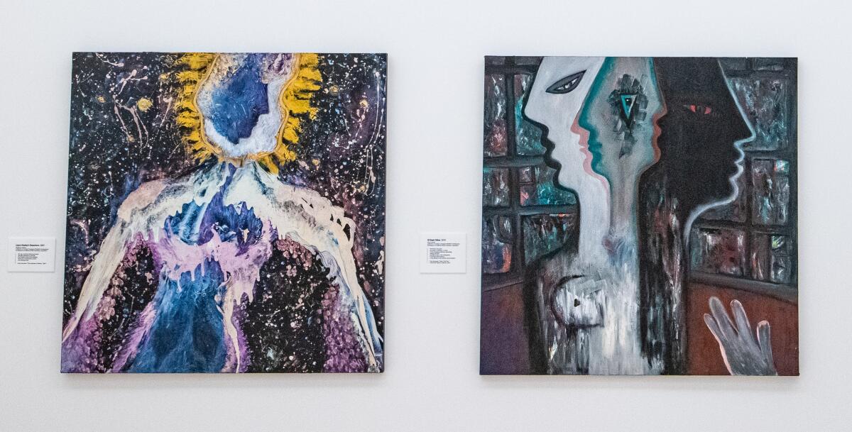  Two artworks on a museum gallery wall depict abstractions of human forms.