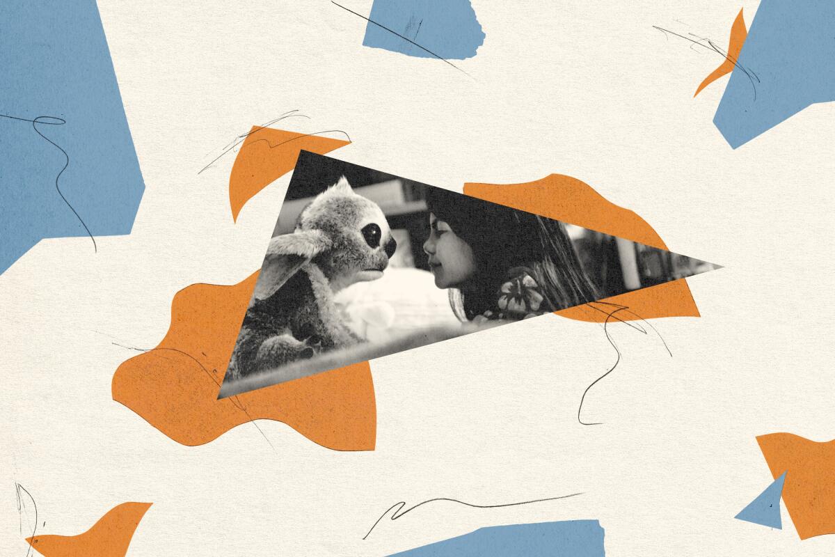 collage featuring a scene of Stitch and Lilo staring at each other close up