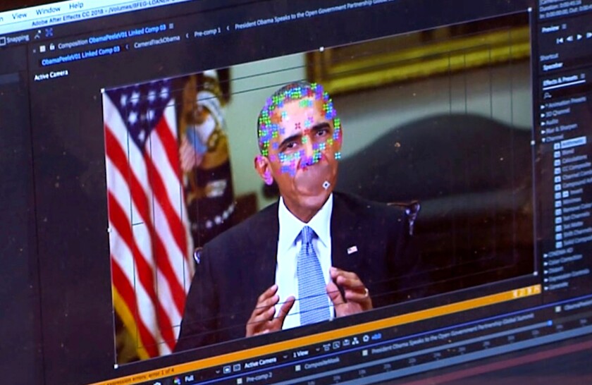 This image made from video of a fake video featuring former President Barack Obama shows elements of facial mapping used in new technology that lets anyone make videos of real people appearing to say things they've never said.
