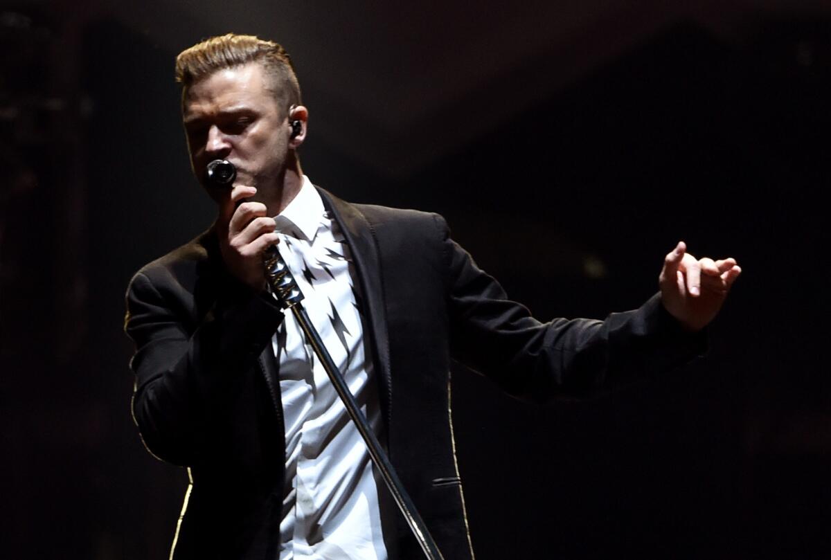 Justin Timberlake performs onstage during The 20/20 Experience World Tour at Staples Center on Tuesday night.