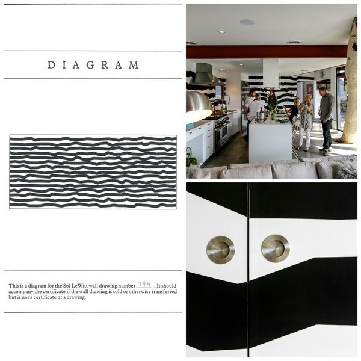 Clockwise, from left: The Sol LeWitt estate provided a diagram of how the artwork should be executed. Homeowner Jack Latner then hired artist Kat Poteet to execute the design in Latner's remodeled kitchen. A detail photo shows the angular lines crossing cabinet doors.