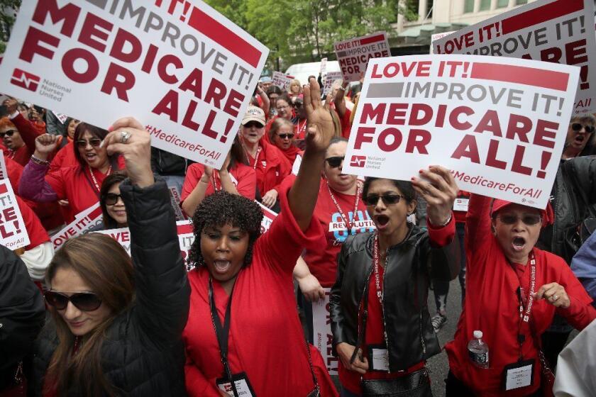 WASHINGTON, DC - APRIL 29: Protesters supporting Medicare for All hold a rally outside PhRMA headquarters April 29, 2019 in Washington, DC. The rally was held by the group Progressive Democrats of America. (Photo by Win McNamee/Getty Images) ** OUTS - ELSENT, FPG, CM - OUTS * NM, PH, VA if sourced by CT, LA or MoD **