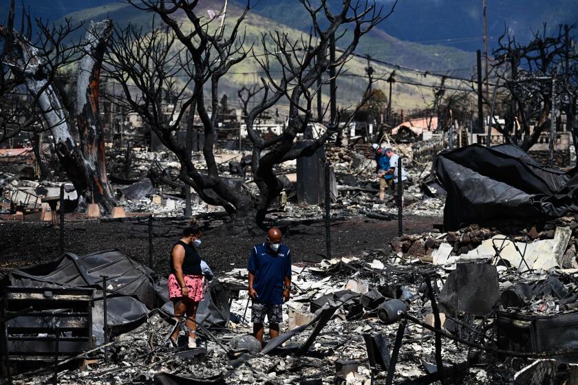 Davilynn Severson (L) and Hano Ganer search for their belongings in the ashes of their family's burnt-down house in the aftermath of a wildfire in Lahaina, western Maui, Hawaii on August 11, 2023. A wildfire that left Lahaina in charred ruins has killed at least 67 people, authorities said on August 11, making it one of the deadliest disasters in the US state's history. Brushfires on Maui, fueled by high winds from Hurricane Dora passing to the south of Hawaii, broke out August 8 and rapidly engulfed Lahaina. (Photo by Patrick T. Fallon / AFP) (Photo by PATRICK T. FALLON/AFP via Getty Images)