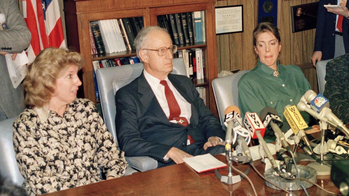 Prosecutor Linda Fairstein, left, is shown during a news conference in New York on March 26, 1988.