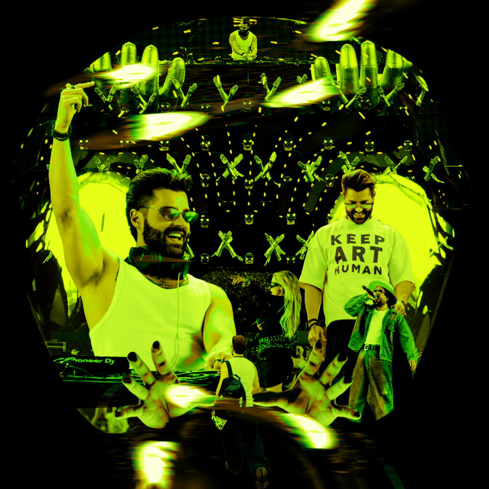 Collage of Dj Alok performing at Coachella 2025, with Ava Max and Zeeba
